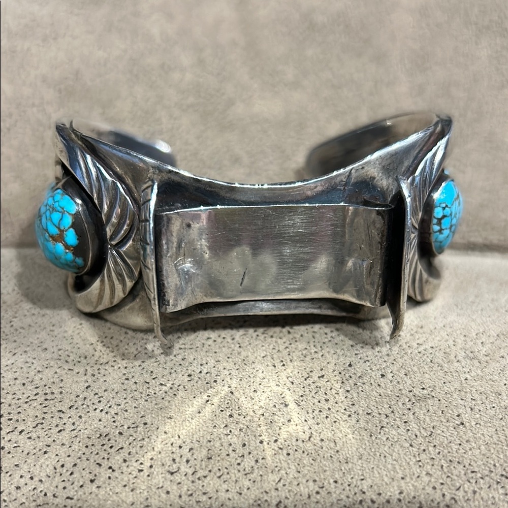 Navajo Sterling Silver Cuff with Bisbee Turquoise Stones - Vintage Old Pawn